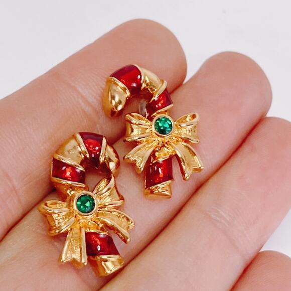 VTG Avon Signed Christmas Candy Cane Earrings Gold Tone Red Enamel Green Stone - Picture 6 of 10